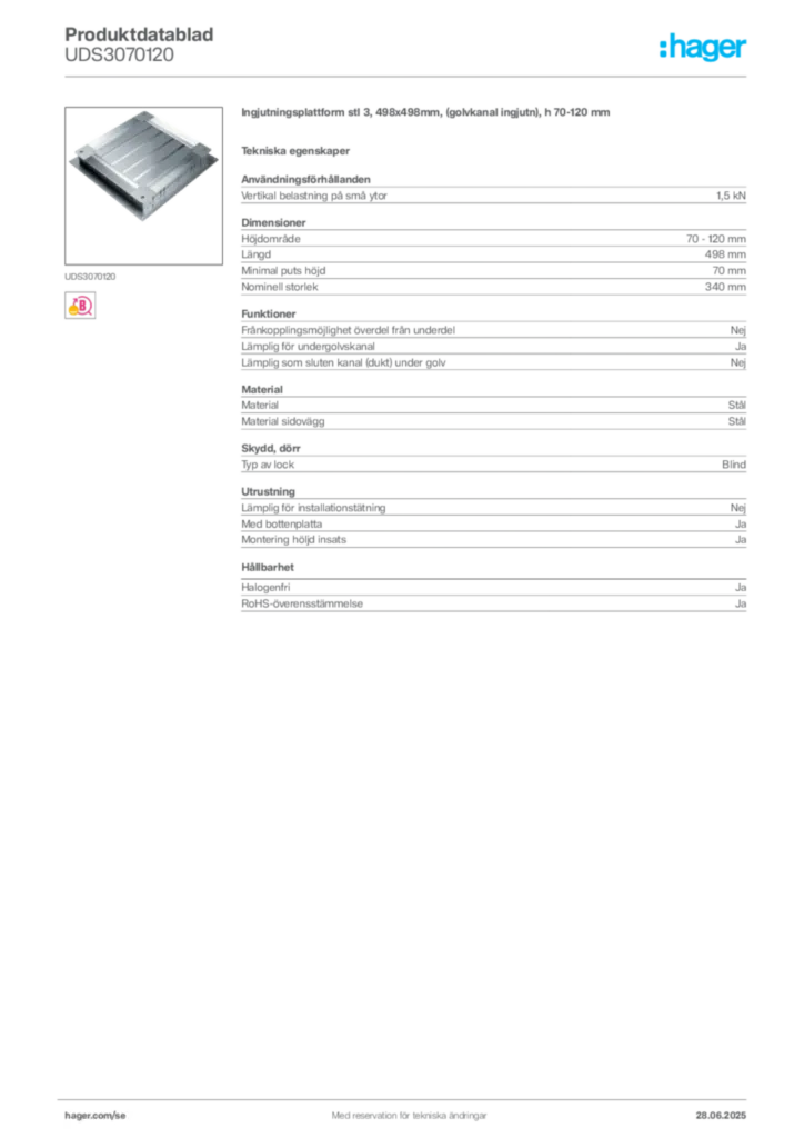 Bild Hager Produktdatablad UDS3070120 | Hager Sverige