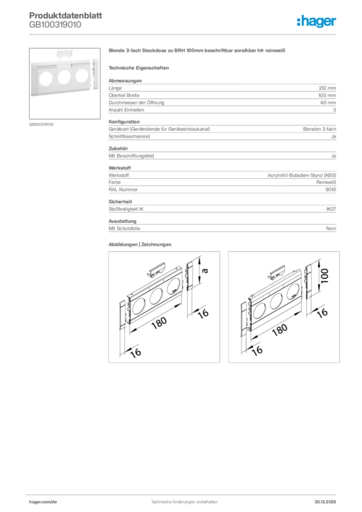 Bild Hager Produktdatenblatt GB100319010 | Hager Deutschland