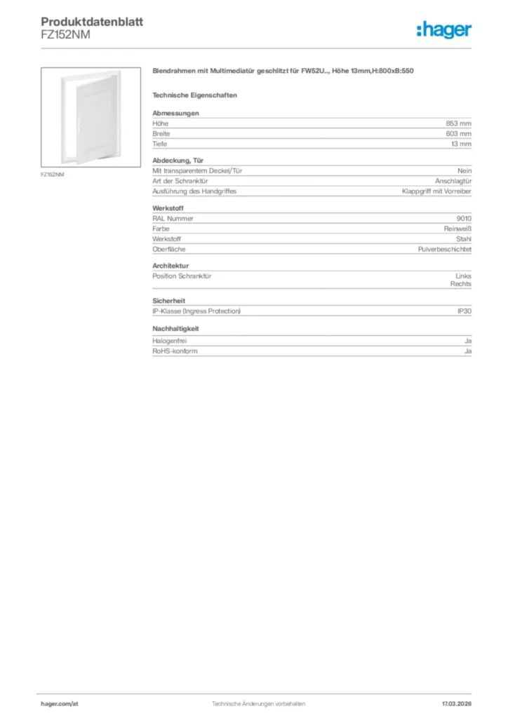 Bild Hager Produktdatenblatt FZ152NM | Hager Deutschland