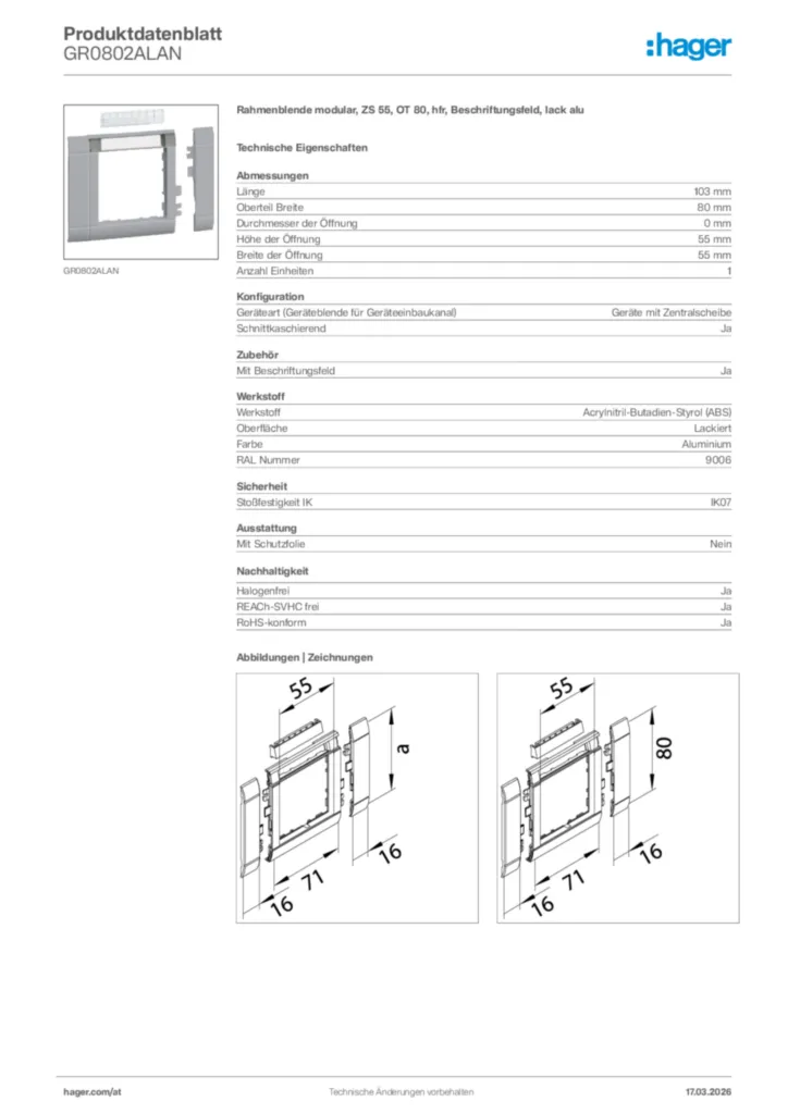 Bild Hager Produktdatenblatt GR0802ALAN | Hager Deutschland