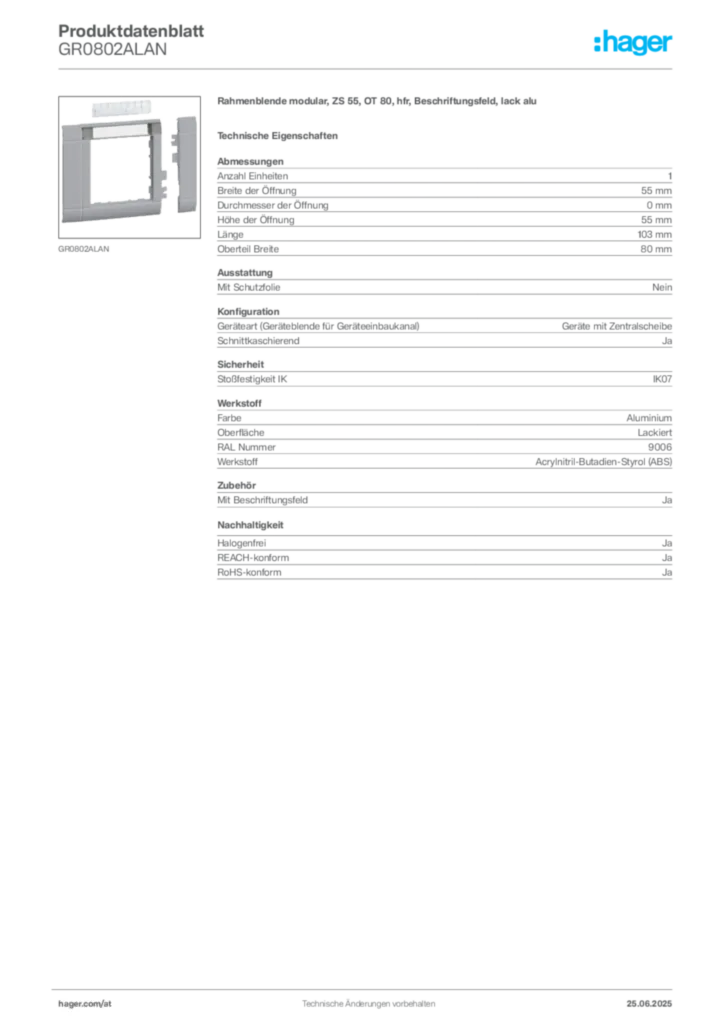 Bild Hager Produktdatenblatt GR0802ALAN | Hager Deutschland