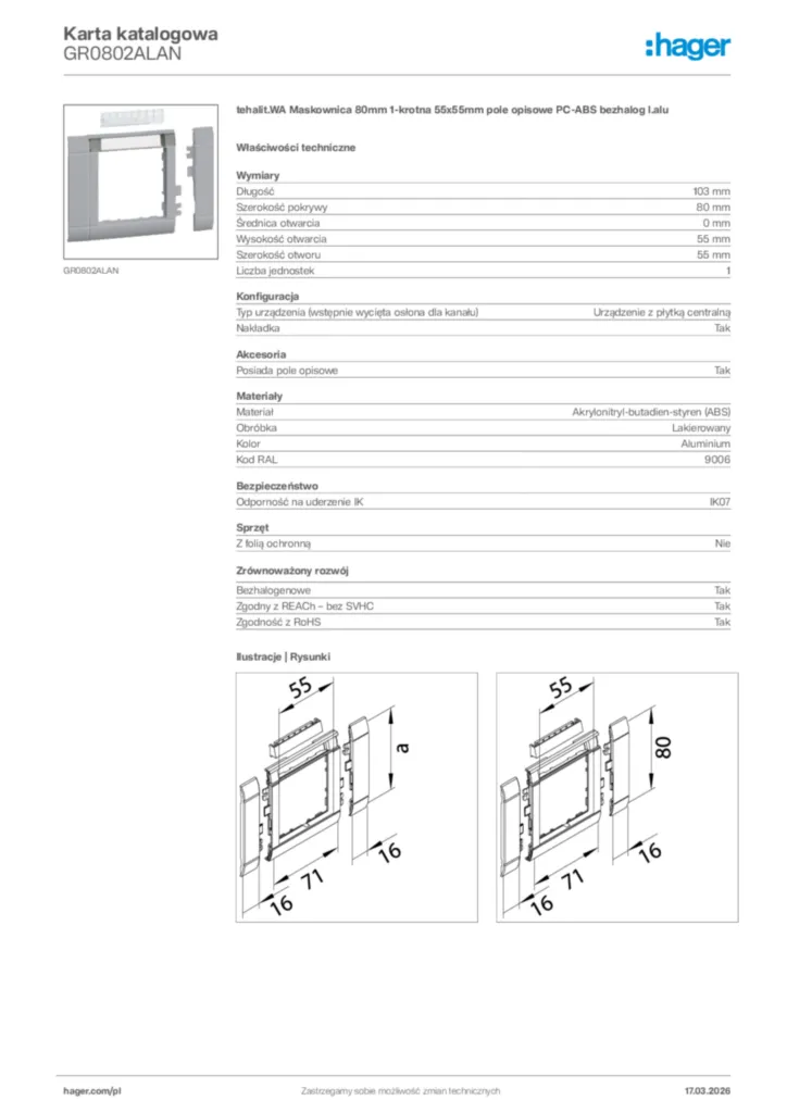 Zdjęcie Hager Karta katalogowa GR0802ALAN | Hager Polska