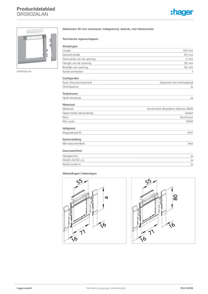 Afbeelding Hager Productdatablad GR0802ALAN | Hager Nederland