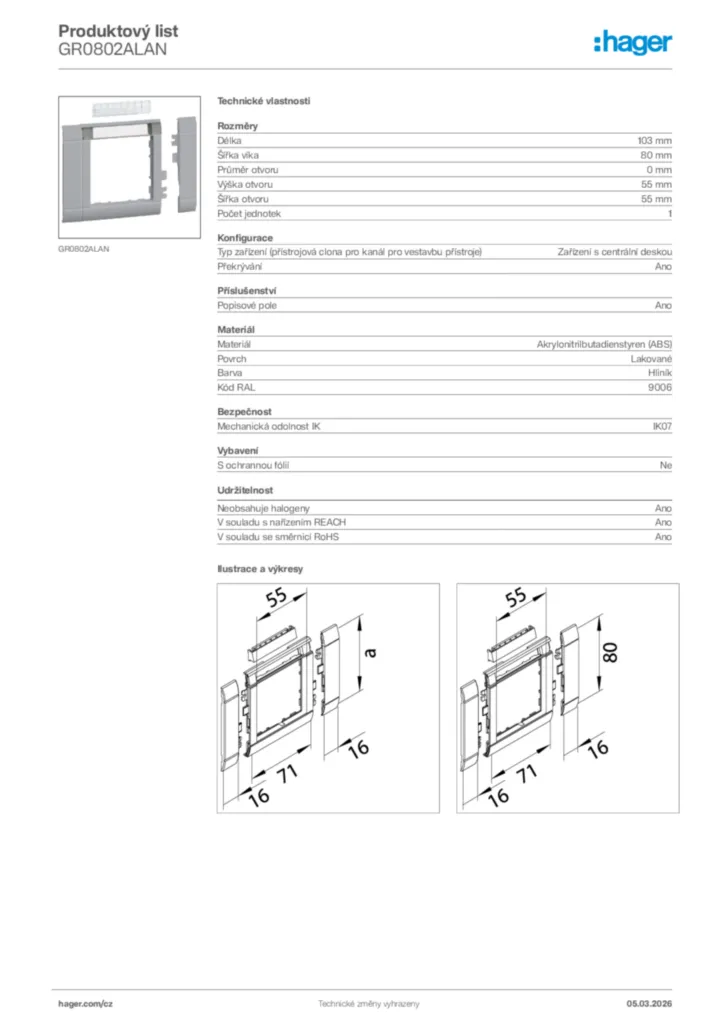 Obrázek Hager Product data sheet GR0802ALAN | Hager