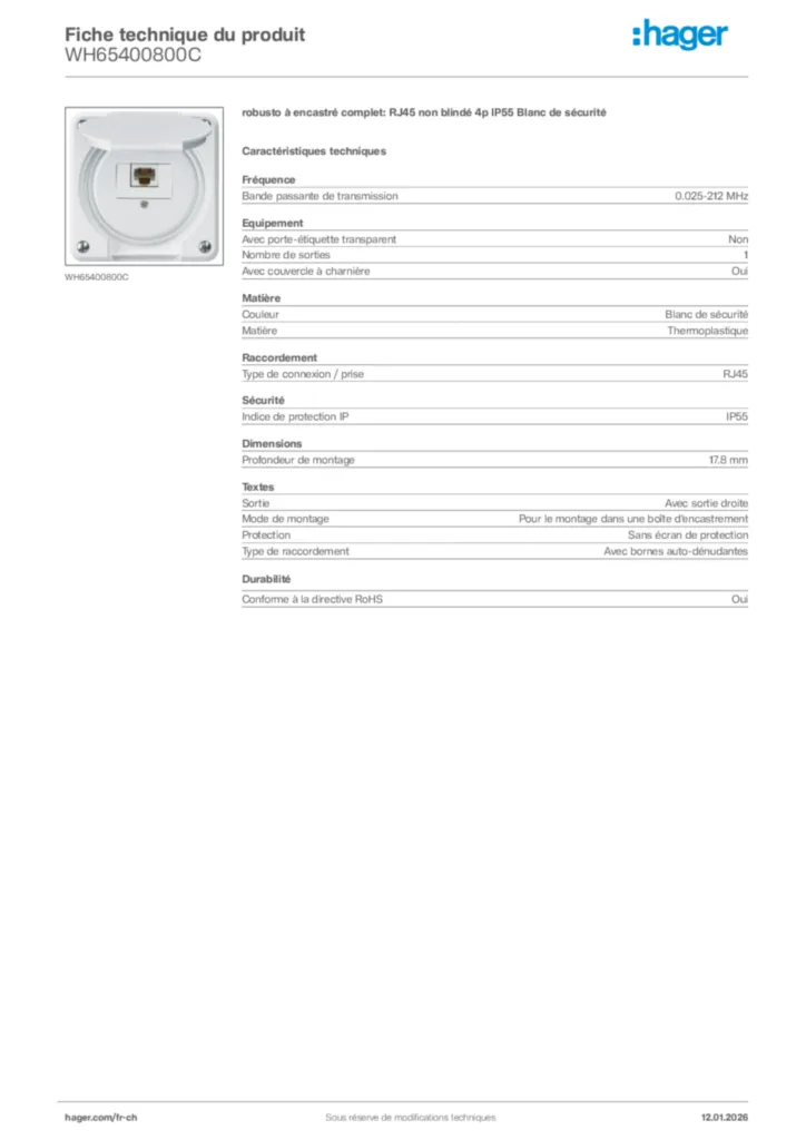 Image Hager Fiche technique du produit WH65400800C | Hager Suisse