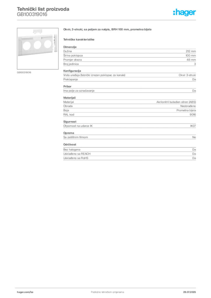 Slika Hager Product data sheet GB100319016  | Hager