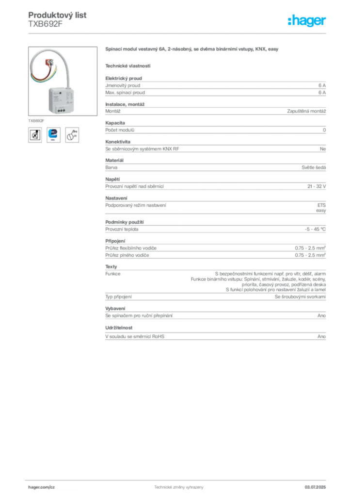 Obrázek Hager Produktový list TXB692F | Hager