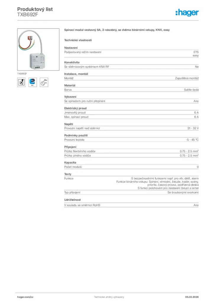 Obrázek Hager Product data sheet TXB692F | Hager