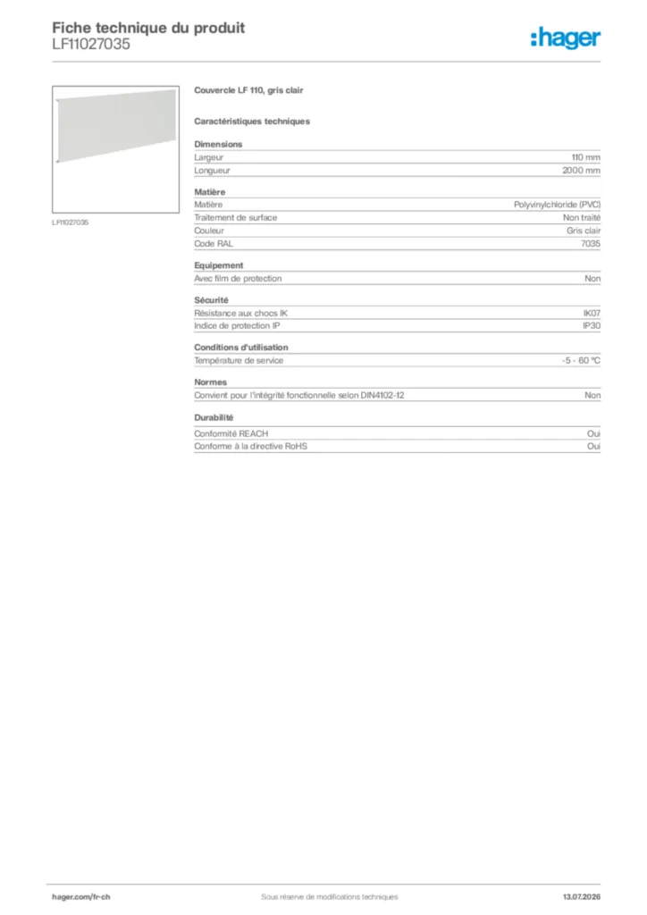 Image Hager Fiche technique du produit LF11027035 | Hager Suisse