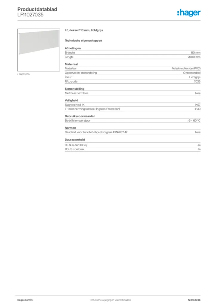 Afbeelding Hager Productdatablad LF11027035 | Hager Nederland