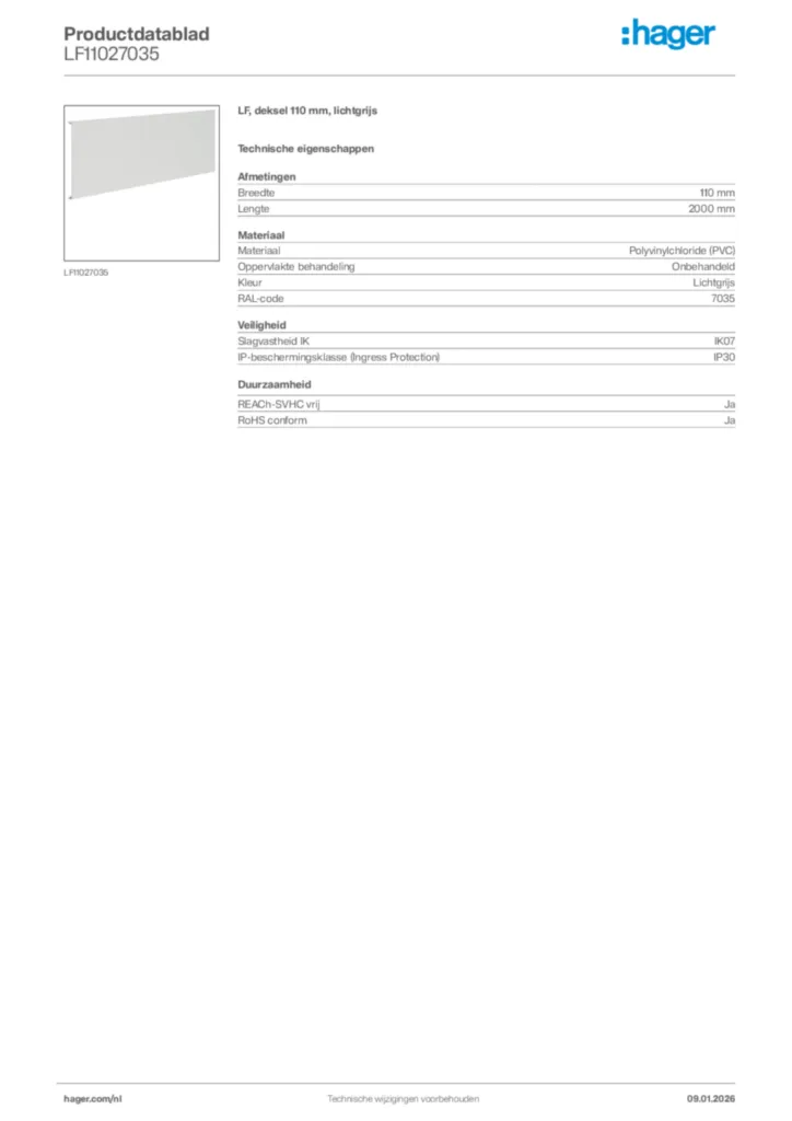 Afbeelding Hager Productdatablad LF11027035 | Hager Nederland