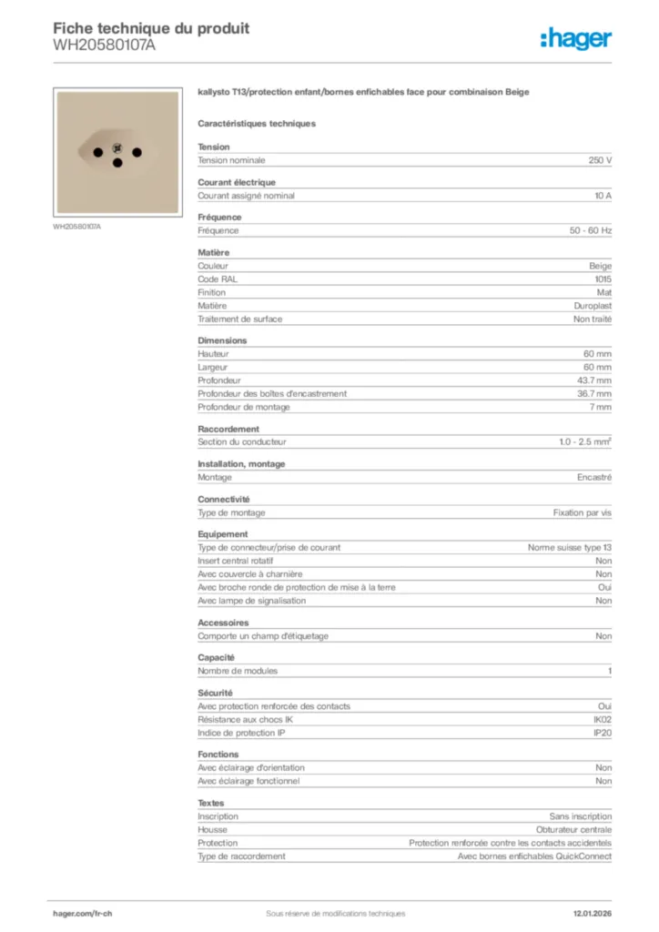 Image Hager Fiche technique du produit WH20580107A | Hager Suisse