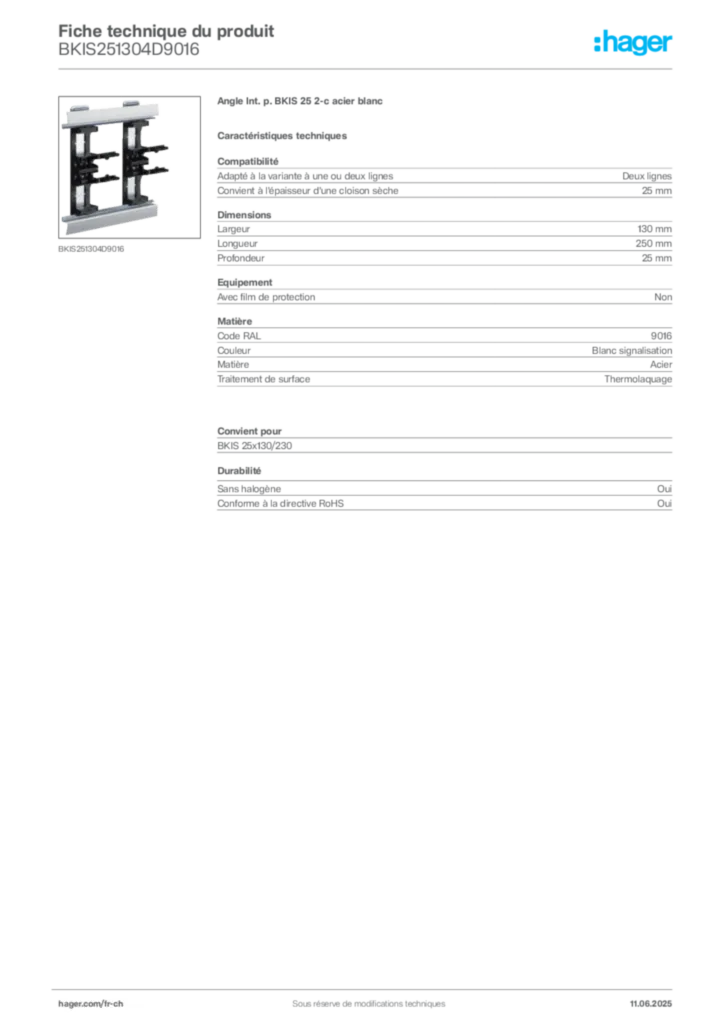 Image Hager Fiche technique du produit BKIS251304D9016 | Hager Suisse