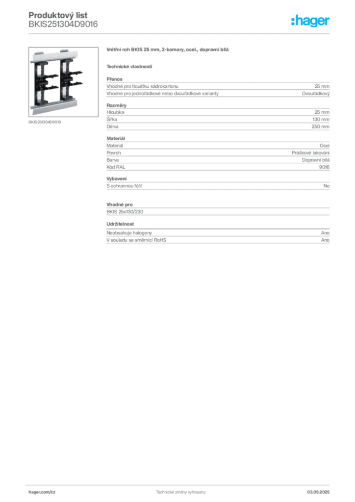 Obrázek Hager Produktový list BKIS251304D9016 | Hager
