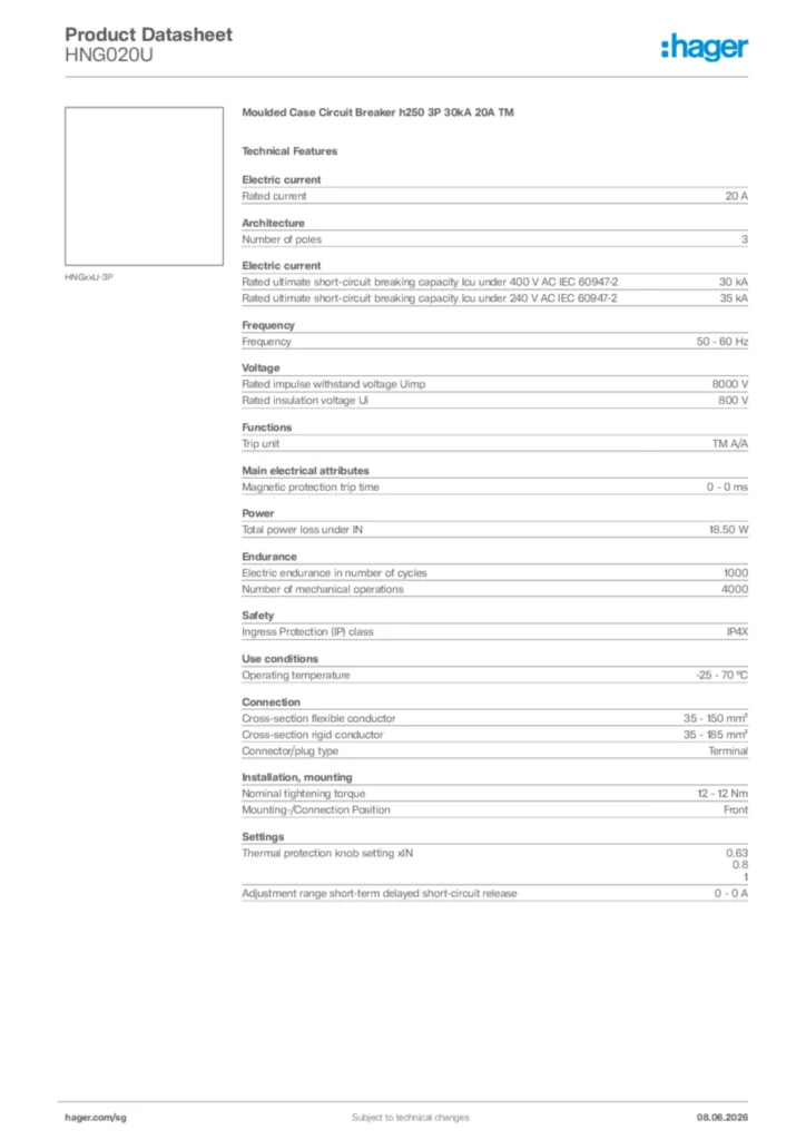 Image Hager Product data sheet HNG020U  | Hager