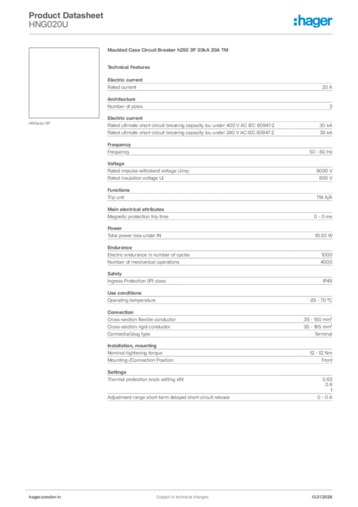 Image Hager Product data sheet HNG020U  | Hager