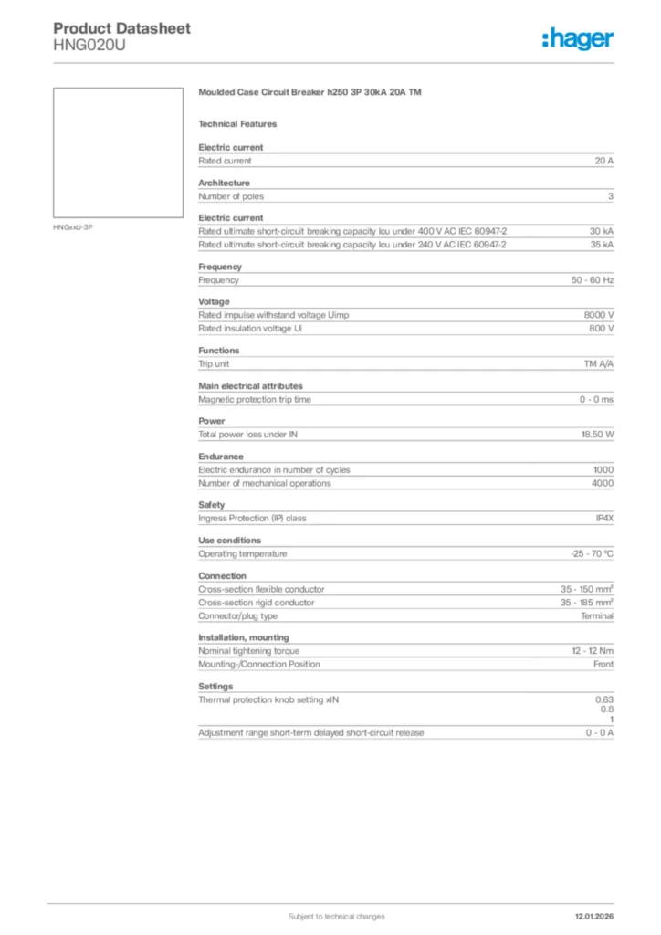 Image Hager Product data sheet HNG020U  | Hager