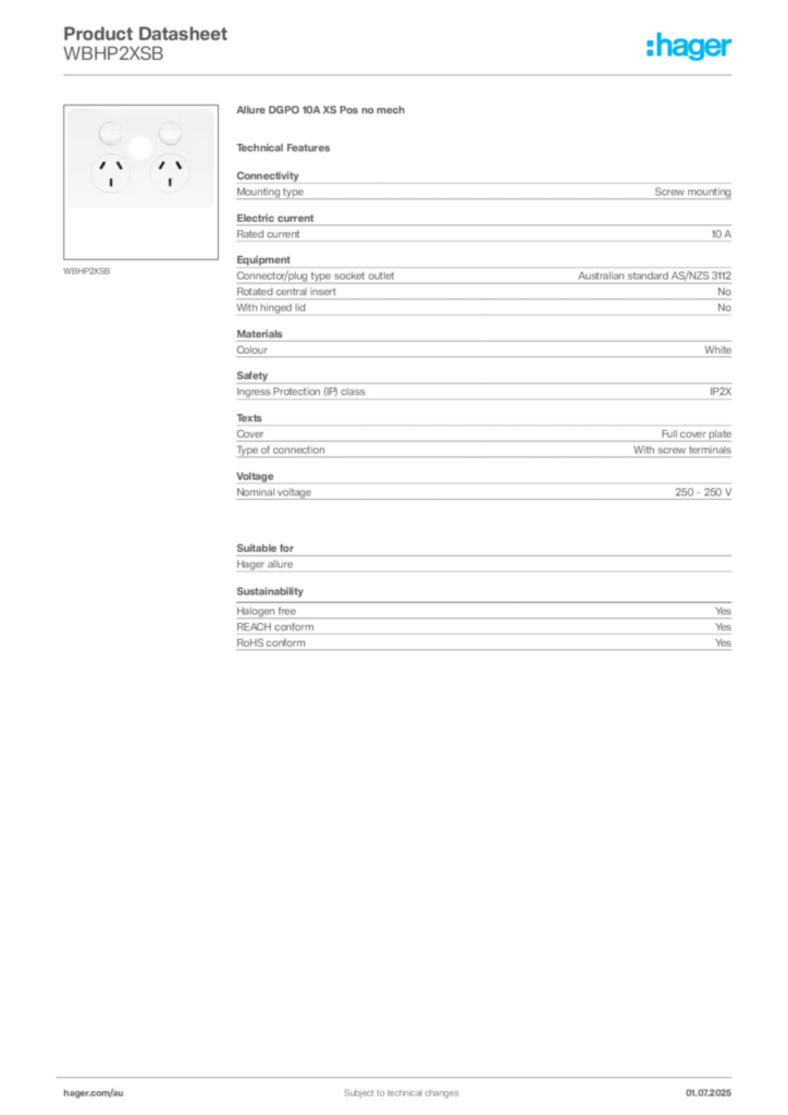 Image Hager Product data sheet WBHP2XSB  | Hager Australia