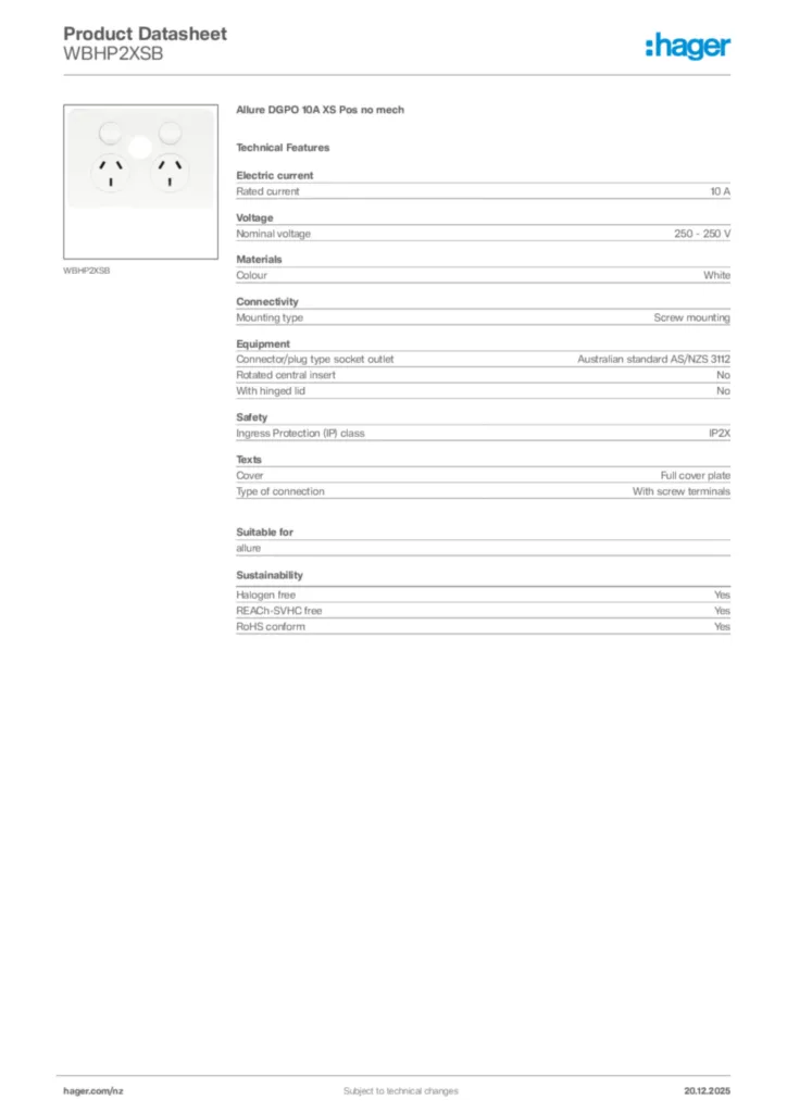 Image Hager Product data sheet WBHP2XSB  | Hager New Zealand