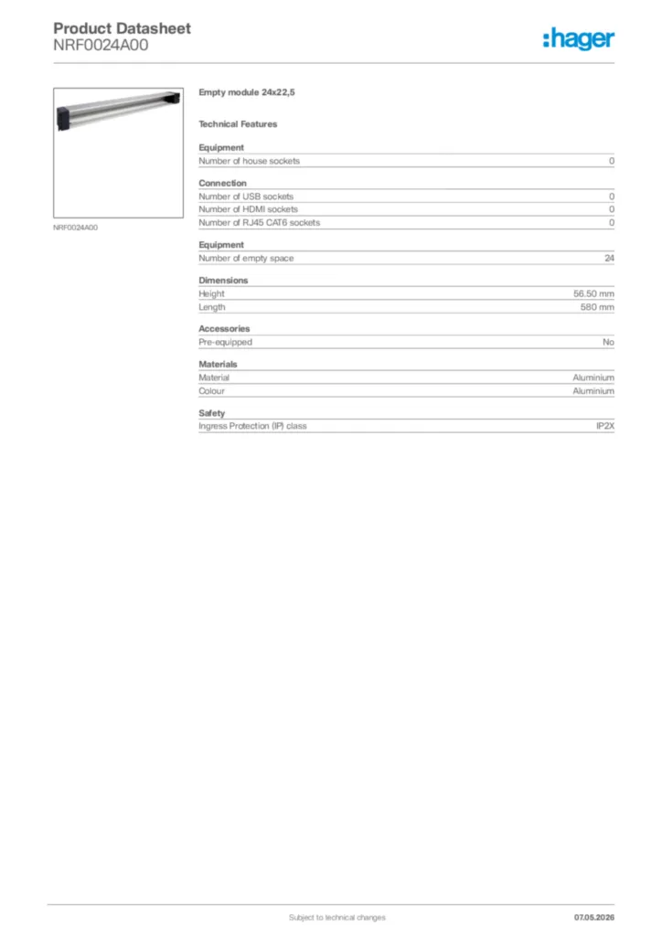 Image Hager Product data sheet NRF0024A00  | Hager Africa