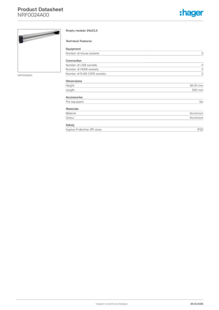 Image Hager Product data sheet NRF0024A00  | Hager Africa