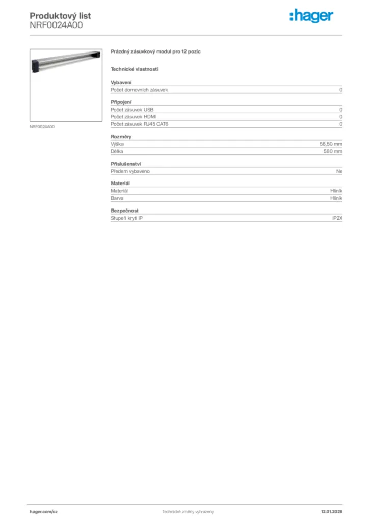 Obrázek Hager Product data sheet NRF0024A00 | Hager