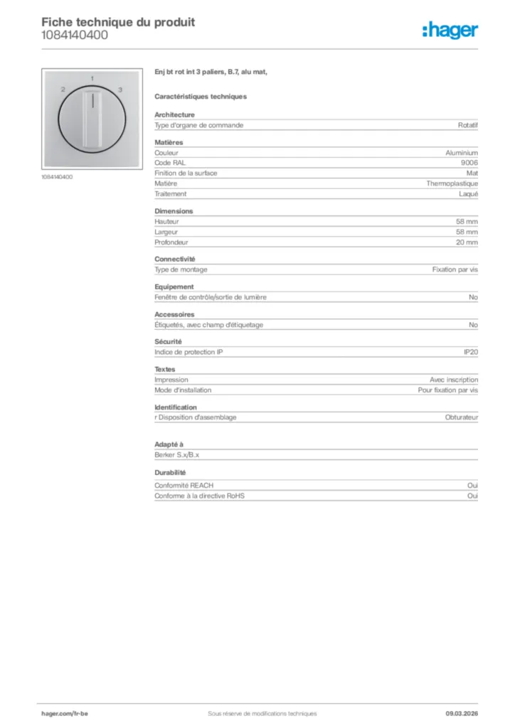Image Hager Fiche technique du produit 1084140400 | Hager Belgique