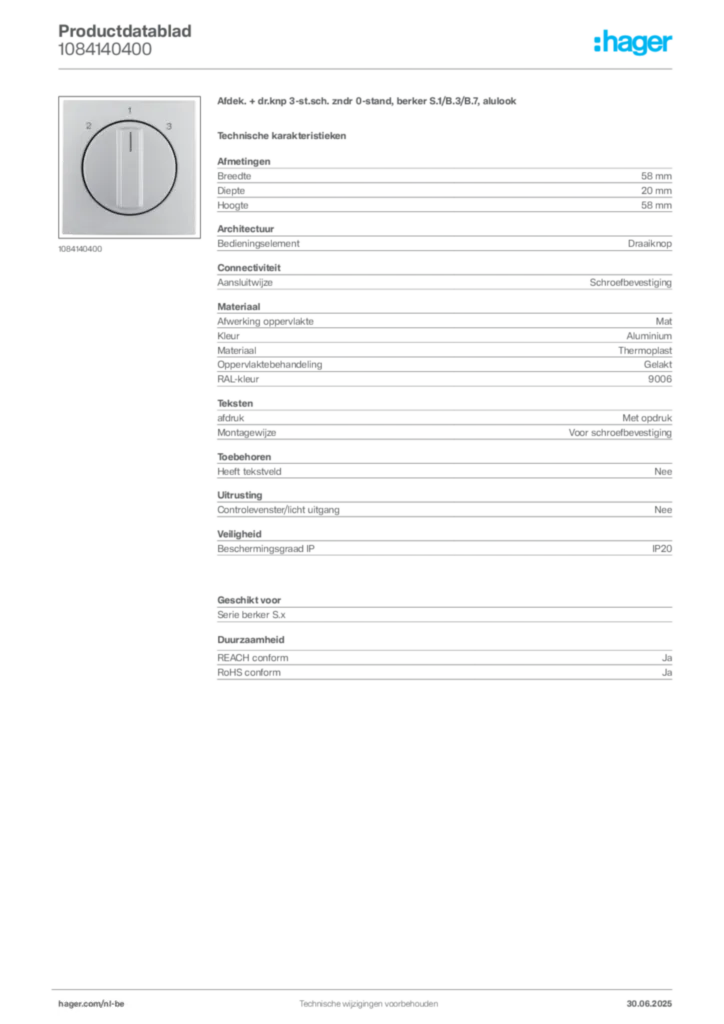 Afbeelding Hager Productdatablad 1084140400 | Hager Belgium