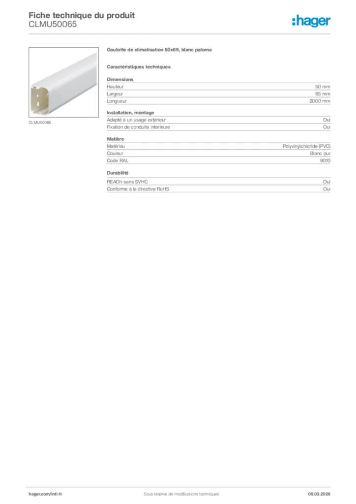 Image Hager Fiche technique du produit CLMU50065 | Hager Afrique