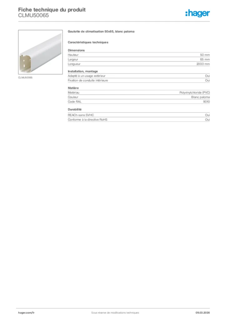 Image Hager Fiche technique du produit CLMU50065 | Hager France