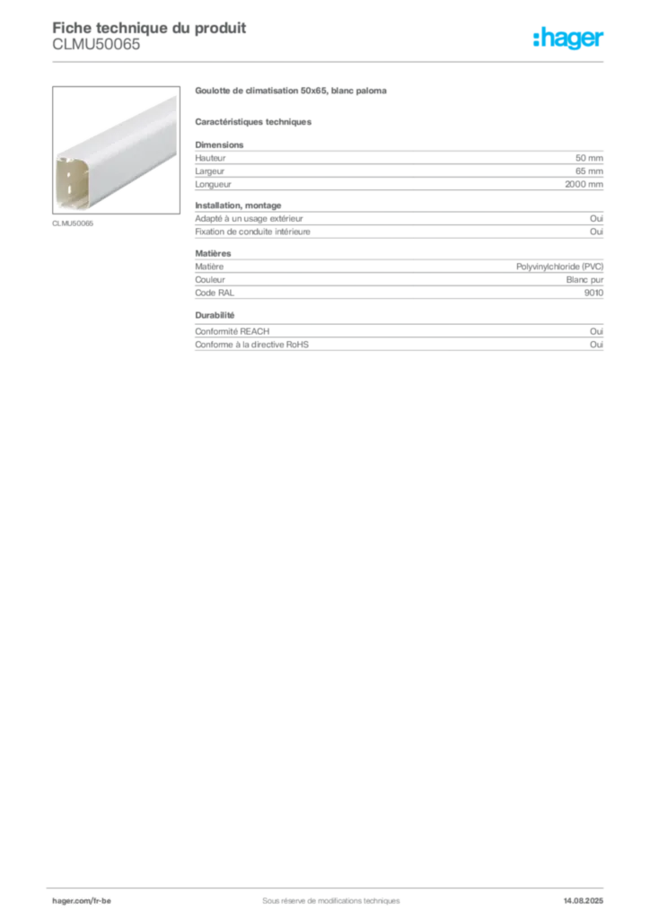 Image Hager Fiche technique du produit CLMU50065 | Hager Belgique