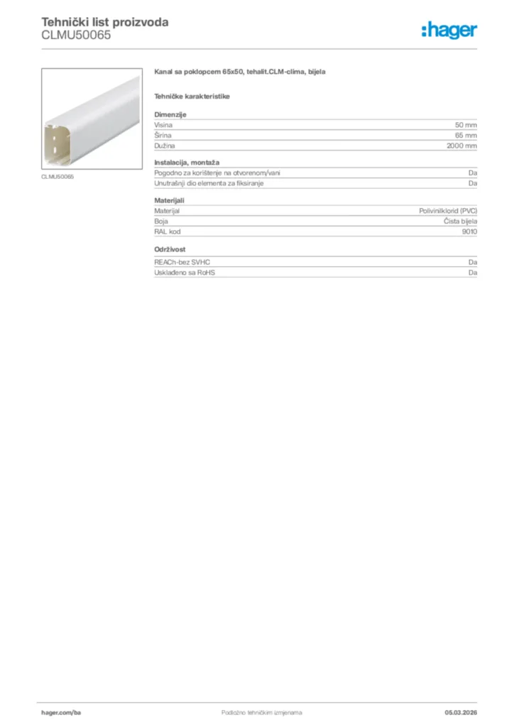 Slika Hager Tehnički list proizvoda CLMU50065  | Hager
