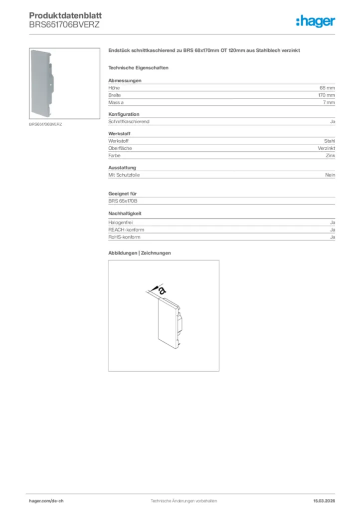 Bild Hager Produktdatenblatt BRS651706BVERZ | Hager Schweiz