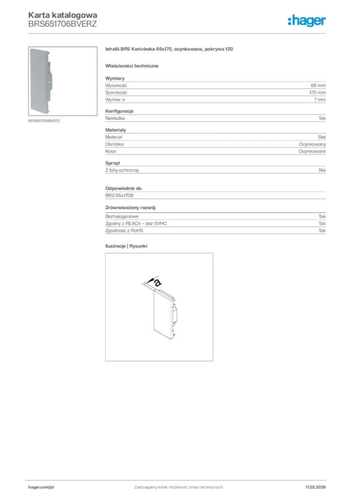 Zdjęcie Hager Karta katalogowa BRS651706BVERZ | Hager Polska