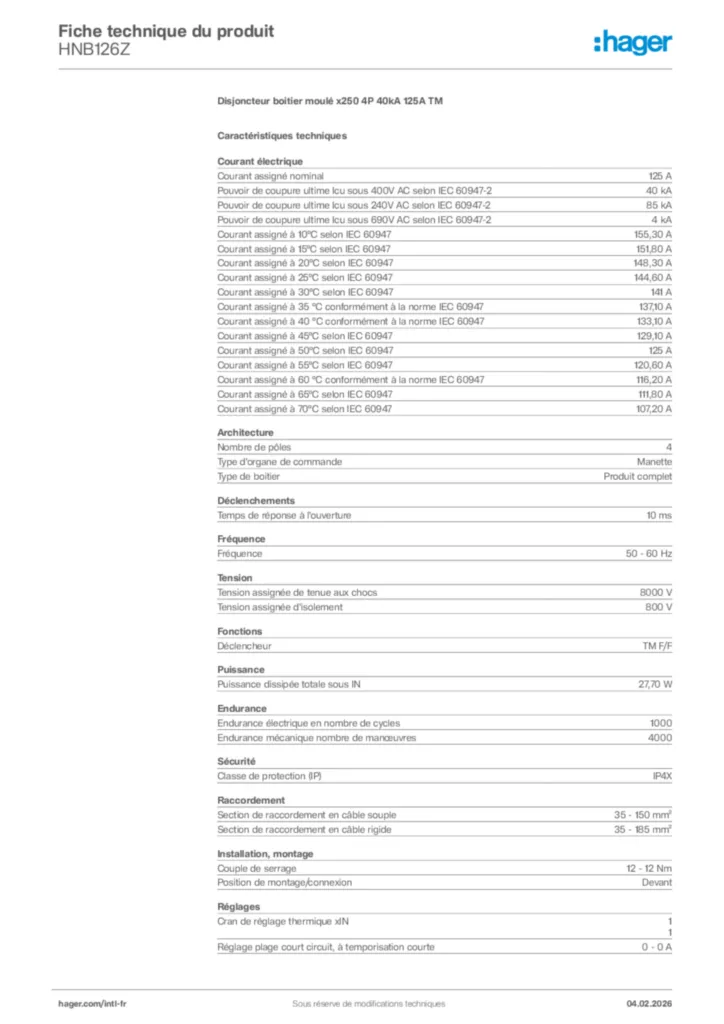 Image Hager Fiche technique du produit HNB126Z | Hager Afrique