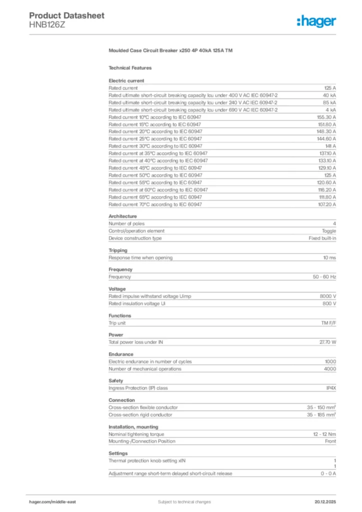Image Hager Product data sheet HNB126Z  | Hager
