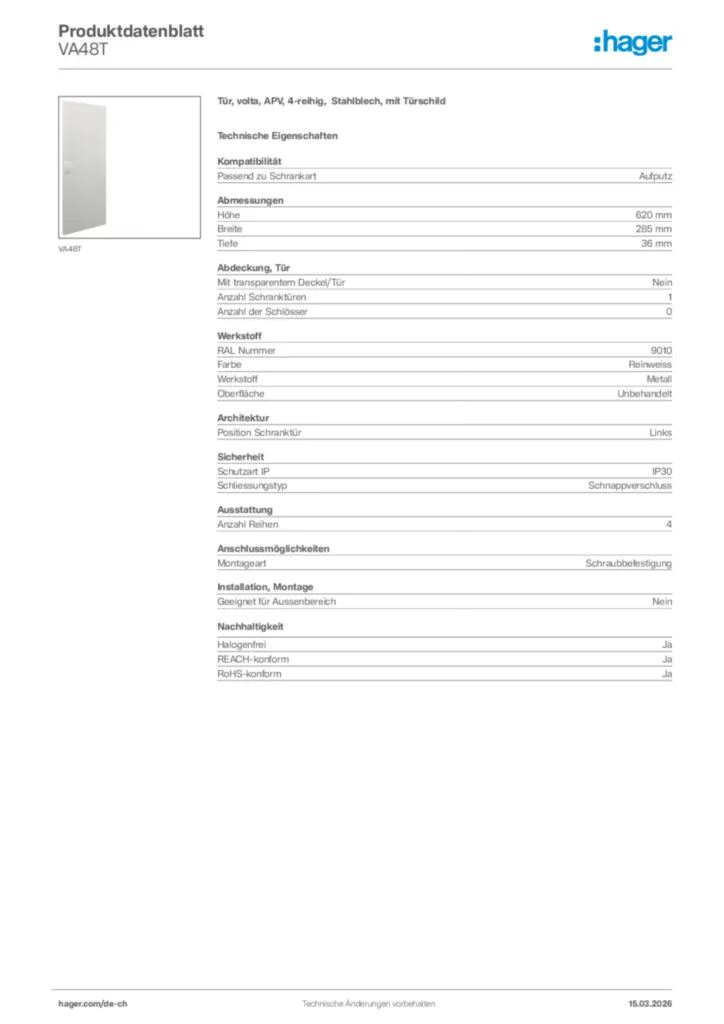 Bild Hager Produktdatenblatt VA48T | Hager Schweiz