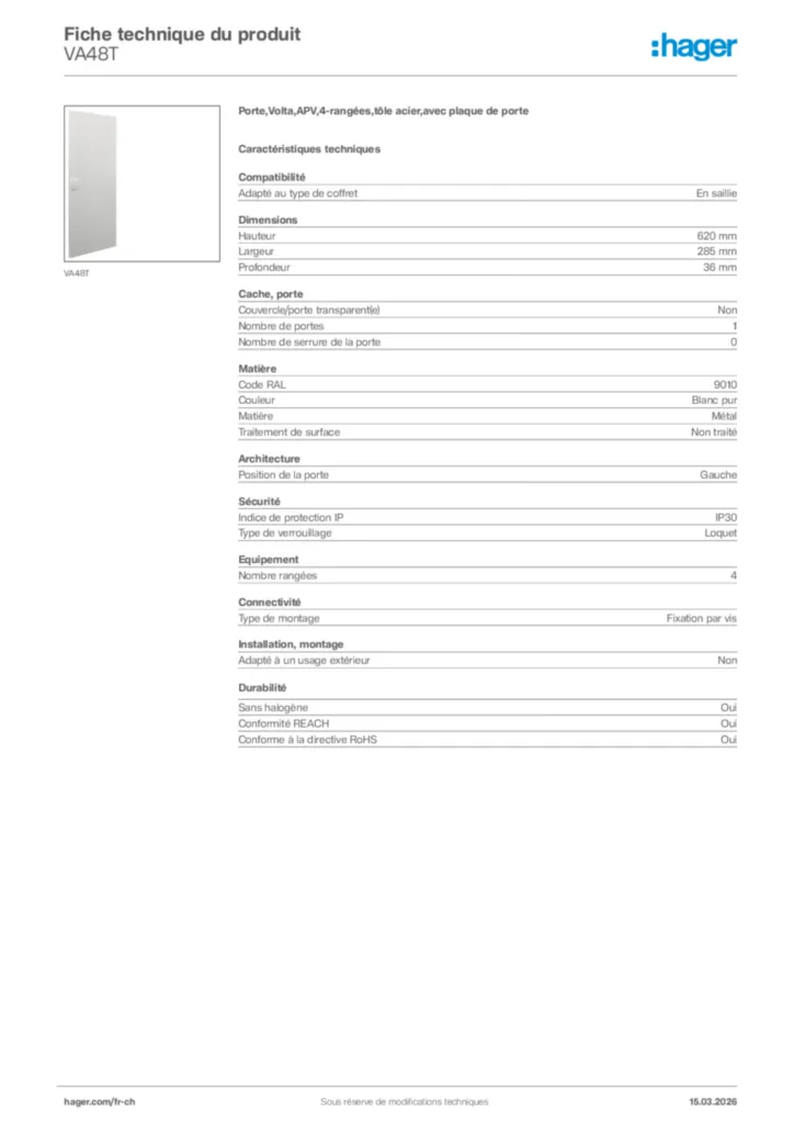 Image Hager Fiche technique du produit VA48T | Hager Suisse