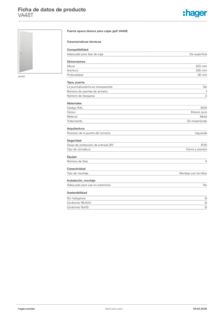 Imagen Hager Ficha de datos de producto VA48T | Hager España