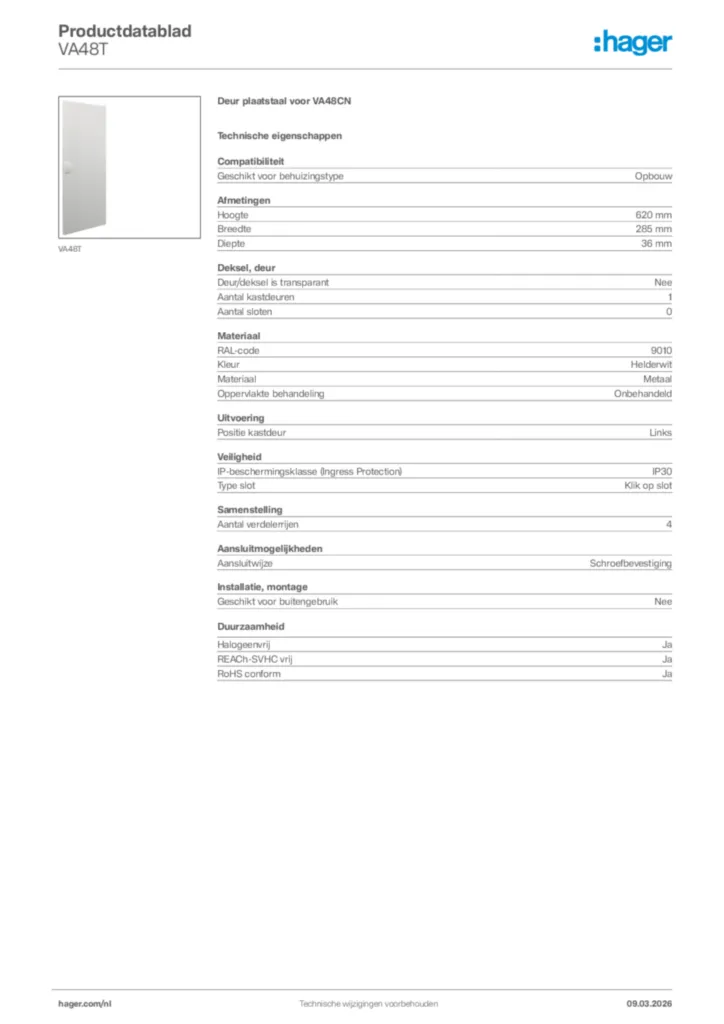 Afbeelding Hager Productdatablad VA48T | Hager Nederland