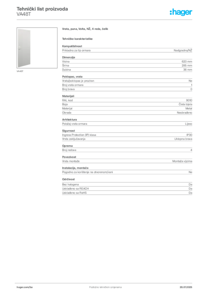 Slika Hager Product data sheet VA48T  | Hager