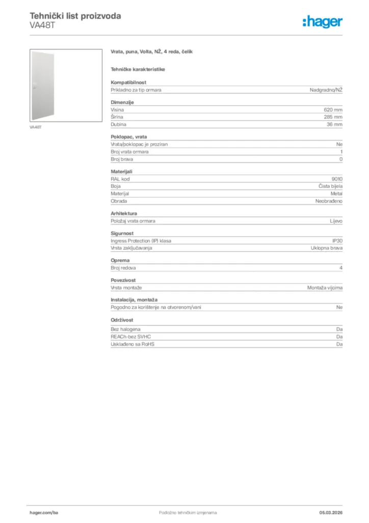 Slika Hager Tehnički list proizvoda VA48T  | Hager