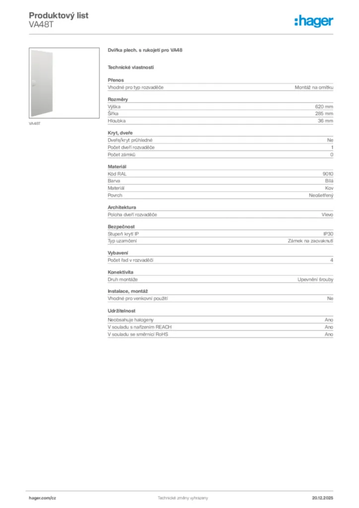 Obrázek Hager Produktový list VA48T | Hager