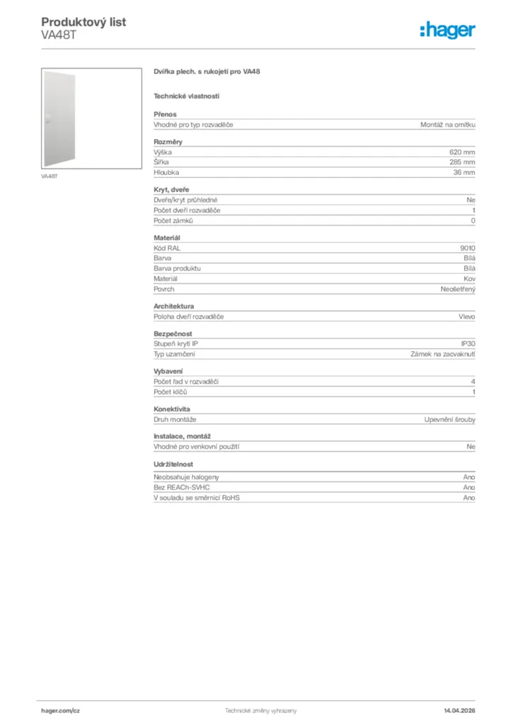 Obrázek Hager Product data sheet VA48T | Hager