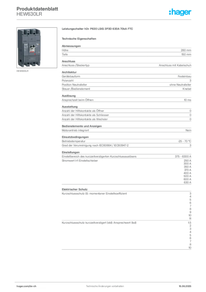 Bild Hager Produktdatenblatt HEW630LR | Hager Schweiz