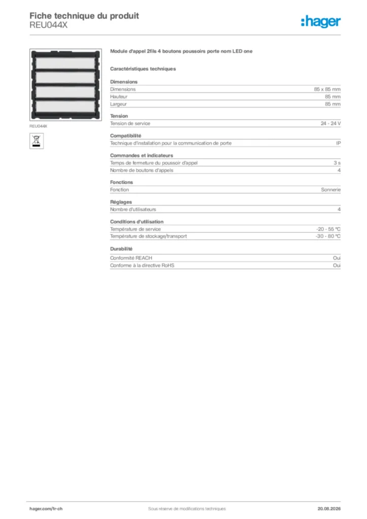 Image Hager Fiche technique du produit REU044X | Hager Suisse