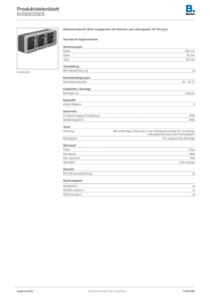 Bild Berker Produktdatenblatt 6019303505 | Hager Deutschland