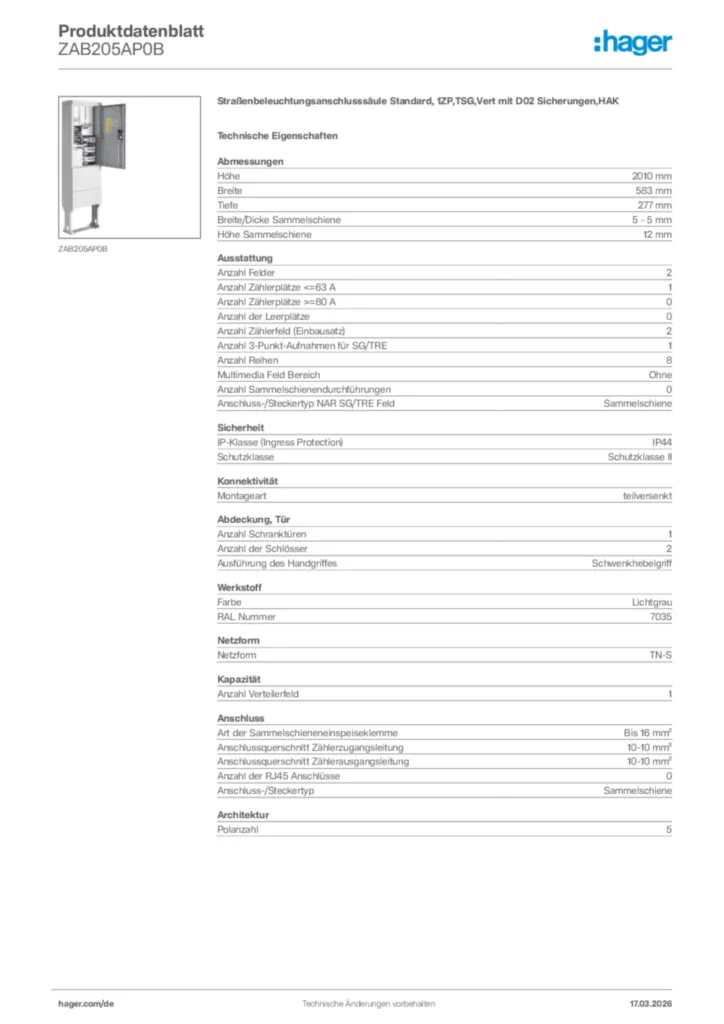 Bild Hager Produktdatenblatt ZAB205AP0B | Hager Deutschland