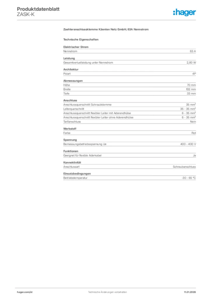 Bild Hager Produktdatenblatt ZASK-K | Hager Deutschland