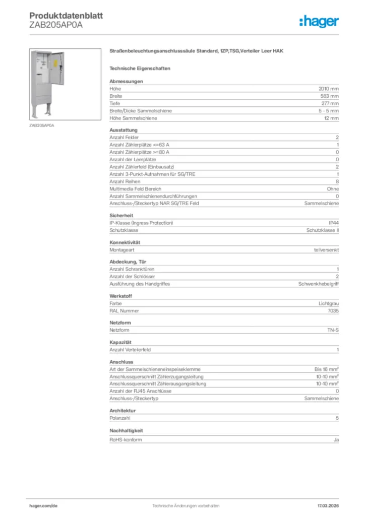 Bild Hager Produktdatenblatt ZAB205AP0A | Hager Deutschland